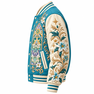 Chaqueta Varsity Bordada Color Verde Azulado para Hombre, Chaqueta de Béisbol con Botones a Presión y Diseño Floral de Vitral - Product Image 3