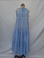 Gaun Midi Wanita Motif Garis Biru Putih Merah Kasual Bahan Katun Tenun Model A-Line Pinggang Elastis Alami Berlipit Ujung Lurus Lengan Lonceng