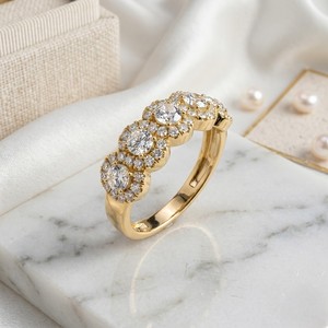 0.75CTW Round Cut Pave Halo Set Five-<b>Stone</b> Band Ring - Product Image 3