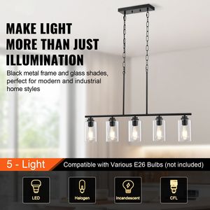5-<b>Light</b> Kitchen Island Pendant Chandelier 60W Adjustable Clear Glass Lampshade 4-Rod <b>Dining</b> Room <b>Light</b> Fixture 2-Metal Chains - Product Image 2