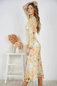Vestido Maxi de Gasa Floral con Cuello en V, Mangas Abullonadas y Corte en A, Vestido Casual de Verano - Product Image 3