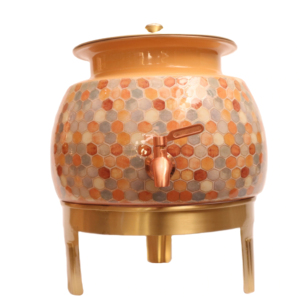 Distributeur d'eau artisanal en cuivre de designer avec finition émail Meena, réservoir d'eau en cuivre pur avec robinet et support en laiton 5L/8L/11L - Product Image 1