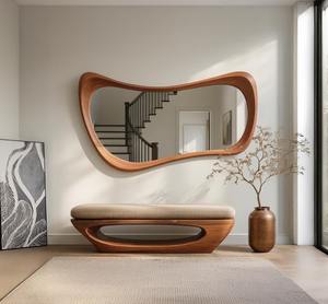 Handmade Walnut Wood Art Deco Asymmetrical Wavy <b>Lightweight</b> Eco Friendly Wall <b>Mirror</b> Home Decor Cheap Price - Product Image 4