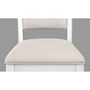 Set di 2 sedie da pranzo bianche in stile rustico con schienale a scala, altezza bancone, seduta e schienale imbottiti color crema, in legno - Product Image 4