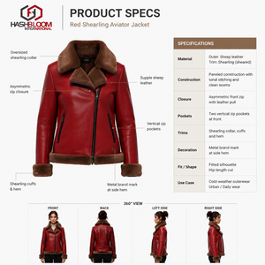 Women's Premium Eco-friendly Ultra-supple Solid Scarlet Red <b>Sheepskin</b> B-6 Pilot <b>Jacket</b> Stand Minimalist Leather Shearling Bomber - Product Image 5
