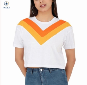 INDEX APPAREL Women's White Crop <b>Top</b> Crew Neck Short Sleeve Color Blocked Stripe Casual Spring Summer Wear - Product Image 1