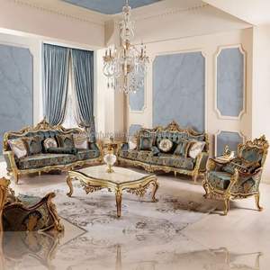 Juego de Sofá Cama de Madera de Caoba Estilo Europeo, Hotel Emma Luxury Classic Royal Square, Acabado Dorado con Esponja, Muebles para Sala de Estar - Product Image 1