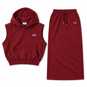 Hot Selling Burgundy Women's Sleeveless Hooded Vest Maxi Skirt <b>Tracksuit</b> Custom Logo High GSM Fleece Cotton Blank <b>Y2K</b> Loungewear - Product Image 4