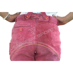 Shorts en cuir suédé rose bavarois pour femmes, sous le genou, avec bretelles, taille haute, motif floral brodé, style vintage - Product Image 6