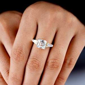Luxury 2.02CT Asscher Cut Diamond Three Stone Ring Side Baguette Cut Lab Grown With 14K Solid Gold Wedding Surprise <b>Gift</b> <b>Her</b> - Product Image 3