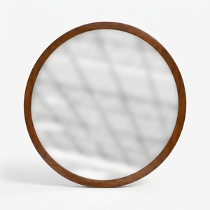 Miroir décoratif rond en bois moderne avec cadre brun poli, fait à la main, à fixer au mur pour les chambres, les salles de bain, les salons, les hôtels - Product Image 1