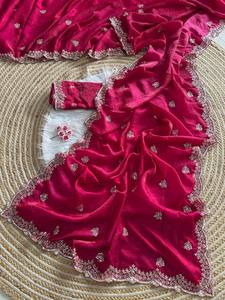 <b>Red</b> color Indian Summer Wedding Party Wear Bridal Saree Fancy Bollywood Designer Heavy <b>Silk</b> Thread Diamond Work Quick Dry - Product Image 3