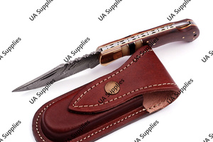 Couteau de poche pliant en acier Damas de haute qualité, indispensable pour l'extérieur, avec manche en bois naturel et étui en cuir, OEM ODM personnalisé - Product Image 5