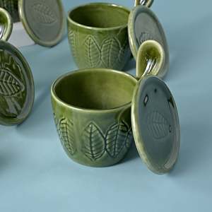 <b>Green</b> Bliss Ceramic Cup Set of 4 200/300ml <b>Microwave</b> Safe Milk Mugs with Tray Featuring Unique Pattern and Logo - Product Image 1