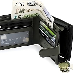 <b>Men</b> Genuine Leather Bifold <b>Wallet</b> With Zipper Coin Pocket ID Window <b>Black</b> Multi Card Holder Large Capacity Secure Luxury Clutch - Product Image 2