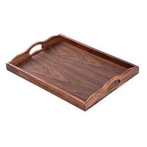 Plateau de service rectangulaire en bois de noyer naturel avec poignées découpées ovales, grain lisse, pour table basse, plats et boissons - Product Image 1