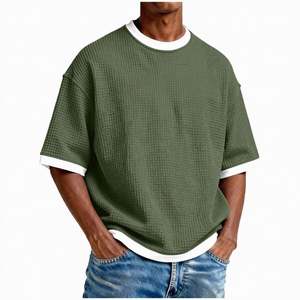 Camiseta Corta para Hombre al por Mayor OEM, Corte Cuadrado Regular, Hombro Caído, Manga Corta, Peso Medio, Cuello Redondo, Tejido Waffle Básico, 100% Algodón - Product Image 6