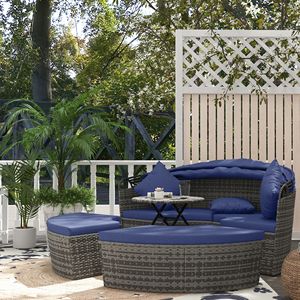 Set da Giardino in Rattan Blu a 4 Pezzi: Divano Letto da Esterno con Baldacchino, 2 Sedie, Tavolo Allungabile e Pouf, Include Cuscini - Product Image 2