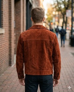 <b>Men</b>’s Classic Brown <b>Suede</b> Trucker <b>Jacket</b> Vintage Western Shirt Collar Leather Coat - Product Image 2