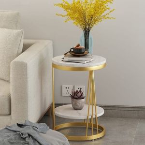 Table basse ronde moderne en bois blanc, table d'appoint de chevet pour chambre à coucher avec pieds en fer thermolaqué doré, meubles et tables - Product Image 3