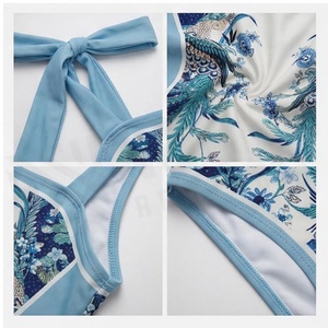Women's Blue Floral Print One-Piece Dress With Square Neck And Side Tie Detail - Product Image 4