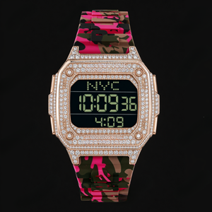Montre numérique en or rose avec diamants, bracelet rose, cadran carré, montre de luxe scintillante, style audacieux pour unisexe - Product Image 1