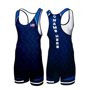 Combinaison de lutte unisexe sans manches, imprimée par sublimation, en polyester, avec short de compression ajusté, couleur unie bleue, à enfiler, avec imprimé lettres - Product Image 1