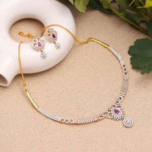 Ruby CZ <b>Necklace</b> Set 22K Gold Plated Brass Adjustable Bridal Jewelry Elegant Women <b>Necklace</b> - Product Image 3
