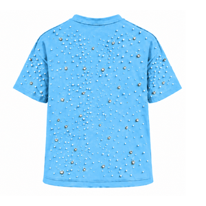 Camiseta Unisex Azul Cielo con Perlas, Cuello Redondo, Manga Corta, Top de Moda con Cuentas de Perlas para Uso Diario y Fiestas - Product Image 2