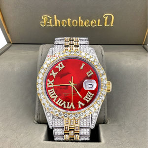 Montre à cadran en nacre et diamants - Édition cadran rouge, montre en moissanite faite à la main sur mesure avec bracelet en acier inoxydable bicolore - Product Image 3