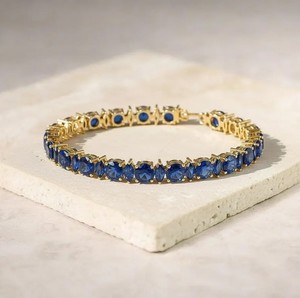 Lab Grown Blue Sapphire <b>Charm</b> Bracelet in 925 Sterling <b>Silver</b> Gold Plated Luxury Elegant September Birthstone Jewelry - Product Image 2