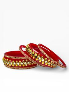 Stylish Handcrafted Red Acrylic Bangle Set <b>Pearl</b> Border <b>Gold</b> Plated Trendy Wedding Women's Festive Wear Wholesale Price - Product Image 3