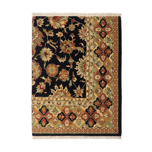 Tapis épais en laine tufté à la main, motif botanique moderne à bordure florale noire, écologique, antidérapant, beige, rouille, olive - Product Image 1