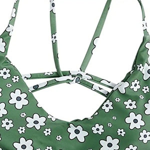 Ensemble de bikini à imprimé floral pour femmes avec design ajouré et détail cordon de serrage, vert, en spandex et polyester, maillot de bain deux pièces - Product Image 3