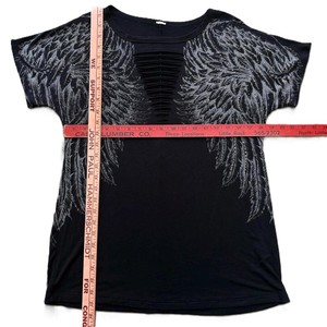 Women's Black Short Sleeve T-Shirt With <b>Feather</b> Print Ruched Front Loose Fit Casual O-Neck <b>Top</b> 100% Polyester Knitted Breathable - Product Image 3