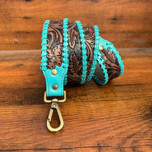 Sangle de guitare en cuir usiné Western Turquoise Sangle de sac à bandoulière de remplacement en cuir véritable avec finition en laiton antique - Product Image 4