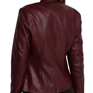 Veste Moto Femme Afernon en Cuir Véritable Respirante à Manches Longues avec Fermeture Éclair et Col Montant Style Automne Couleur Unie - Product Image 3