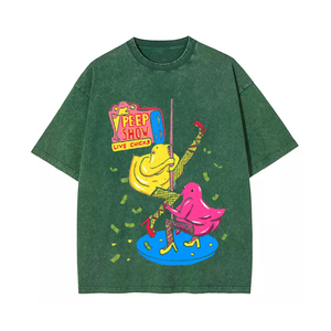T-shirt unisexe noir délavé à l'acide, col rond, manches courtes, en coton, imprimé motif Peep Show Chick sur le devant, toutes saisons, coupe ample - Product Image 3