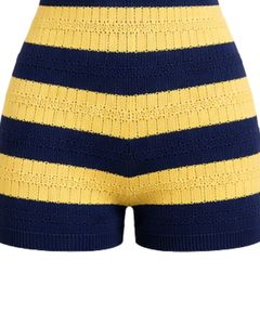 Combinaison en tricot rayée bleu marine et jaune citron pour femme, manches courtes, col polo, été, décontractée, une pièce, coupe ajustée, personnalisée - Product Image 6