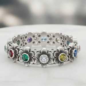 Anillo floral personalizado con piedras de nacimiento múltiples, plata de ley 925, banda con gemas en forma de flor, joyería hecha a mano, regalo para ella - Product Image 4