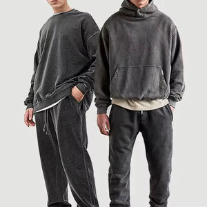 Pullover Acid Wash Streetwear Vintage One Hundred Percent Cotton Solid Tracksuit For Men Custom Hoodie Sweatpants Terry Fleece S - Product Image 1