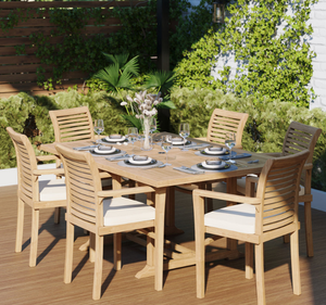 Ensemble de table à manger d'extérieur en teck massif moderne avec 6 chaises à accoudoirs, finition naturelle, meubles de jardin pour villa, hôtel, complexe hôtelier - Product Image 1
