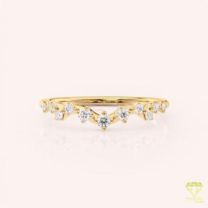 Rose Gold Moissanite Diamond Curved Wedding Band Dainty Stackable Anniversary <b>Ring</b> <b>Crown</b> Chevron Bridal Band Minimalist Promise - Product Image 2