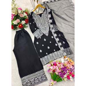 Beaux ensembles pour femmes pour les fêtes Top-Plazzo et Dupatta avec broderie - Product Image 5