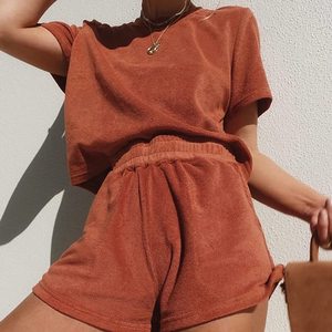 Women 2 Piece Terry Cotton Lounge <b>Set</b> Solid Color Short Sleeve Tee and Shorts Casual Summer Outfit Round Neck Elastic Waist - Product Image 2