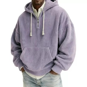 Sweat-shirt à capuche mi-zippé en velours côtelé surdimensionné pour homme, couleur unie, avec poche, coupe classique, pour l'automne - Product Image 3