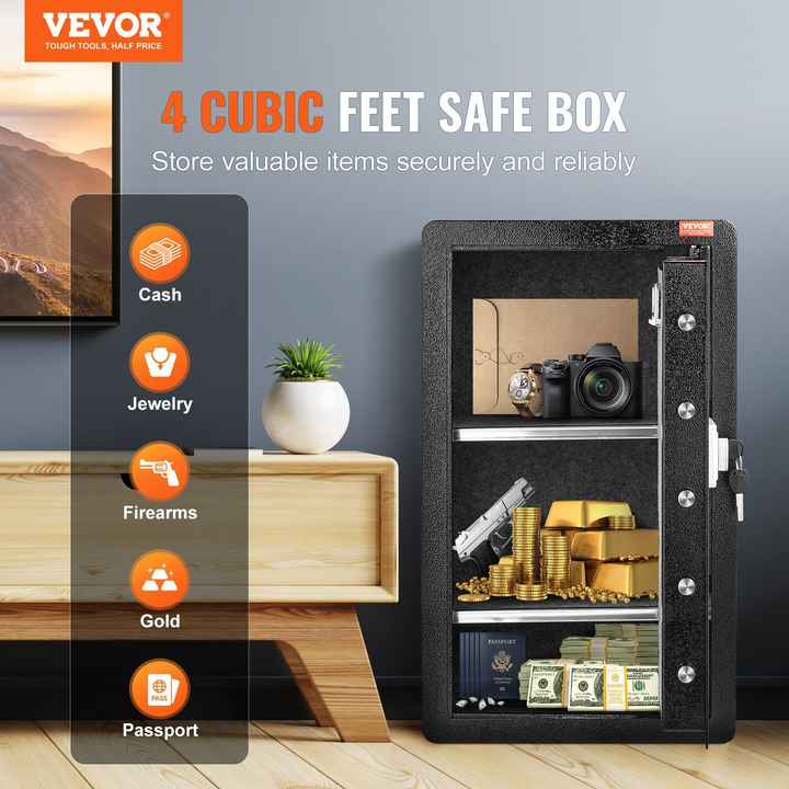 Single Door 4.0 Cu.ft Black Safe Box Key Password Fingerprint Lock for Organizing Cash Passports Jewelry Gold Watches Documents
