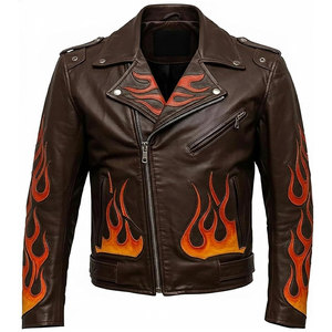 Mens Gothic Flame Skull Biker Jacket - Motorcycle <b>Fire</b> Graphic Heavy Metal Punk Rock Genuine Leather Jacket - Product Image 1