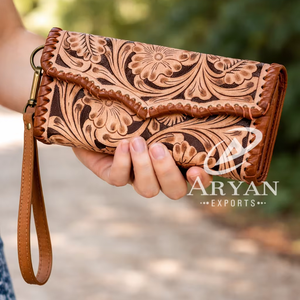New Hand <b>Tooled</b> <b>Leather</b> Wallet with Wrist Strap Design Ladies Clutch Organizer Multiple Card Slots Stylish Western Wallet Purse - Product Image 1