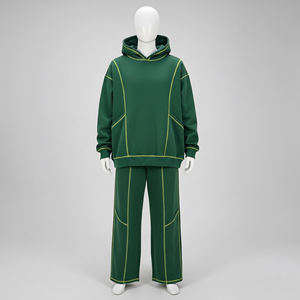 Men's Green Contrast Stitching Fleece Tracksuit Two Piece Set Oversized Pullover <b>Hoodie</b> And Wide Leg Sweatpants Casual - Product Image 2
